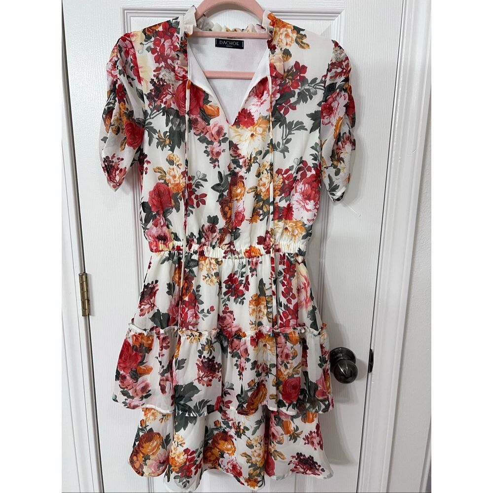 Dachoe Women's Floral Short Sleeve Tiered Ruffle Mini Dress Multicolor Small